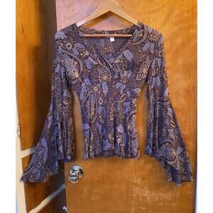 Vintage Y2K Cache Silk Whimsy Floral Witchy Angel Bell Sleeve Bias Cut Sz M